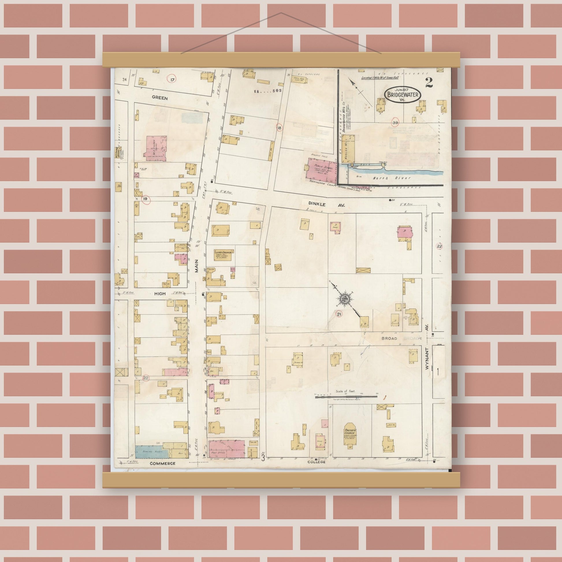 Old map wall art mockup — magnetic wood frame on brick wall — Sanborn Fire Insurance Map from Bridgewater, Rockingham County, Virginia (1917), Sheet #0002