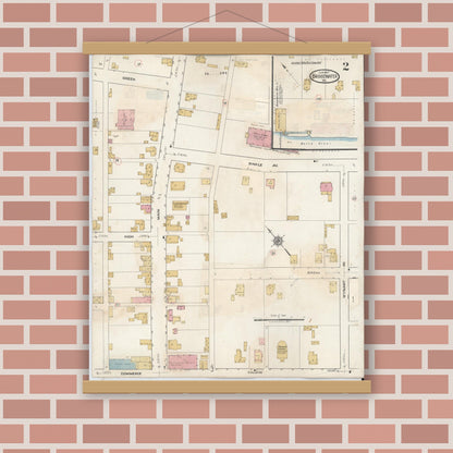 Old map wall art mockup — magnetic wood frame on brick wall — Sanborn Fire Insurance Map from Bridgewater, Rockingham County, Virginia (1917), Sheet #0002