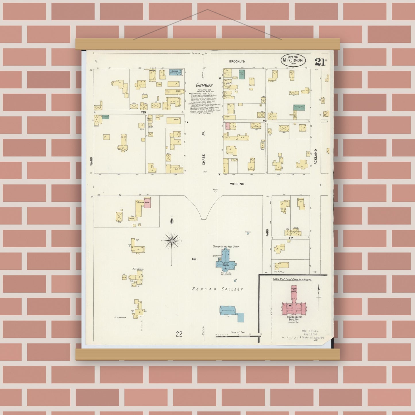 Old map wall art mockup — magnetic wood frame on brick wall — Sanborn Fire Insurance Map from Mount Vernon, Knox County, Ohio (1907), Sheet #0021