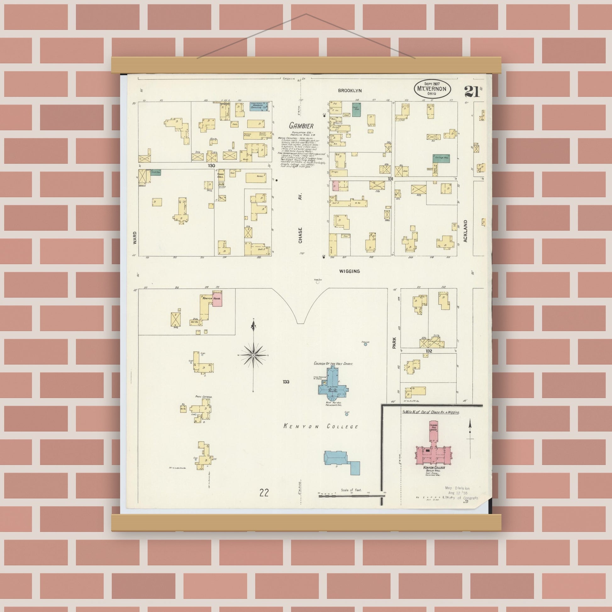 Old map wall art mockup — magnetic wood frame on brick wall — Sanborn Fire Insurance Map from Mount Vernon, Knox County, Ohio (1907), Sheet #0021