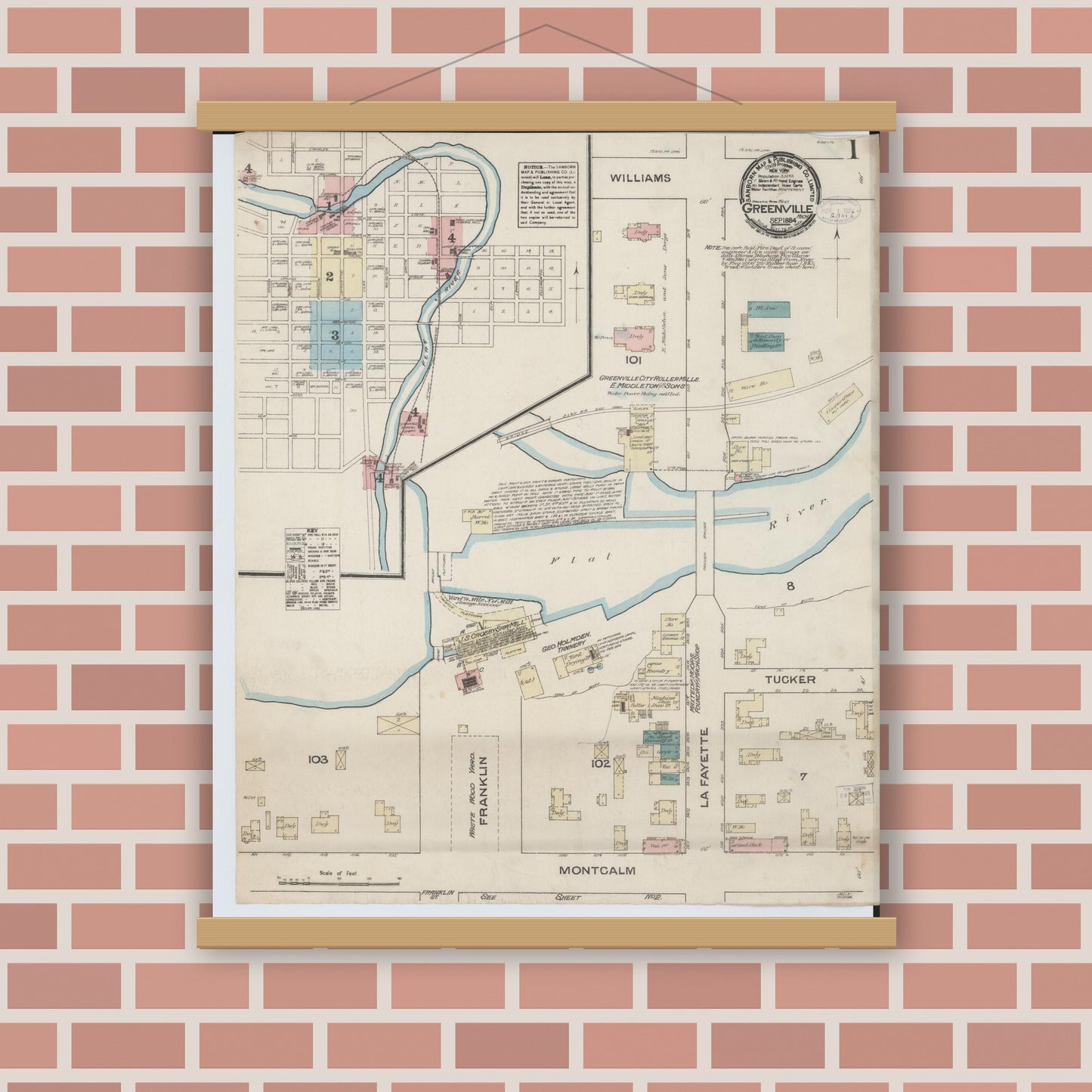 Old map wall art mockup — magnetic wood frame on brick wall — Sanborn Fire Insurance Map from Greenville, Montcalm County, Michigan (1884) - Complete Map Set