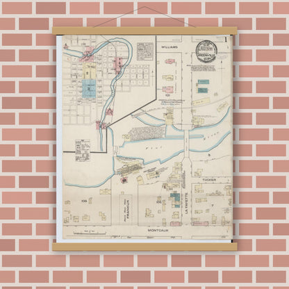 Old map wall art mockup — magnetic wood frame on brick wall — Sanborn Fire Insurance Map from Greenville, Montcalm County, Michigan (1884) - Complete Map Set