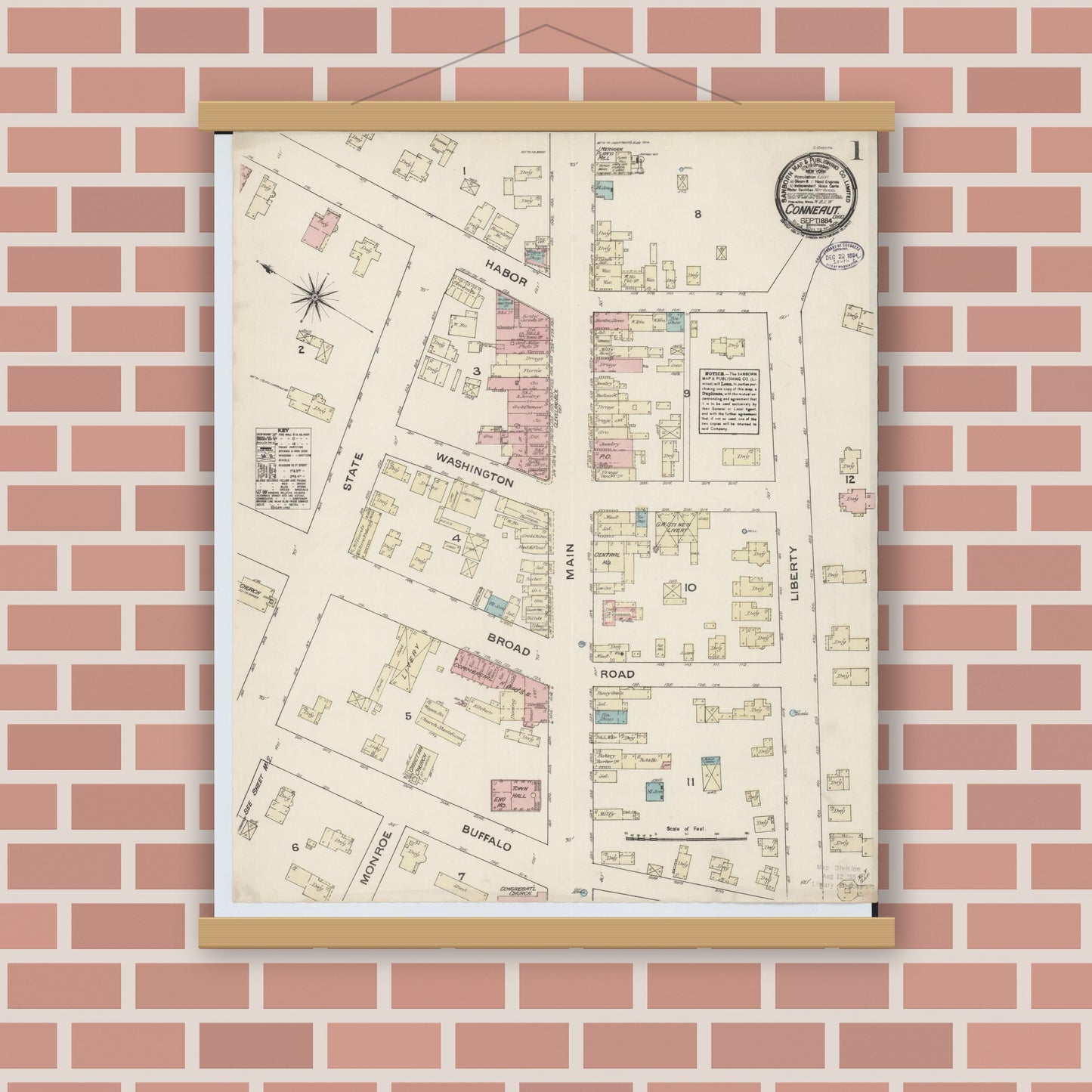 Old map wall art mockup — magnetic wood frame on brick wall — Sanborn Fire Insurance Map from Conneaut, Ashtabula County, Ohio (1884), Sheet #0001