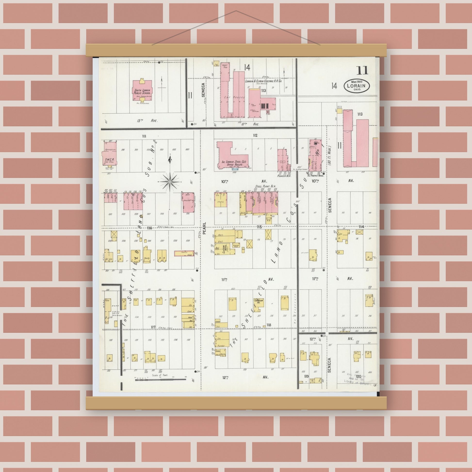 Old map wall art mockup — magnetic wood frame on brick wall — Sanborn Fire Insurance Map from Lorain, Lorain County, Ohio (1900), Sheet #0011