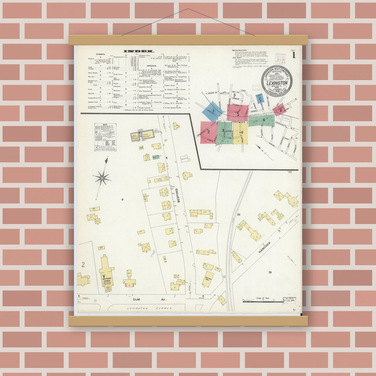 Old map wall art mockup — magnetic wood frame on brick wall — Sanborn Fire Insurance Map from Lexington, Middlesex County, Massachusetts (1908) - Complete Map Set