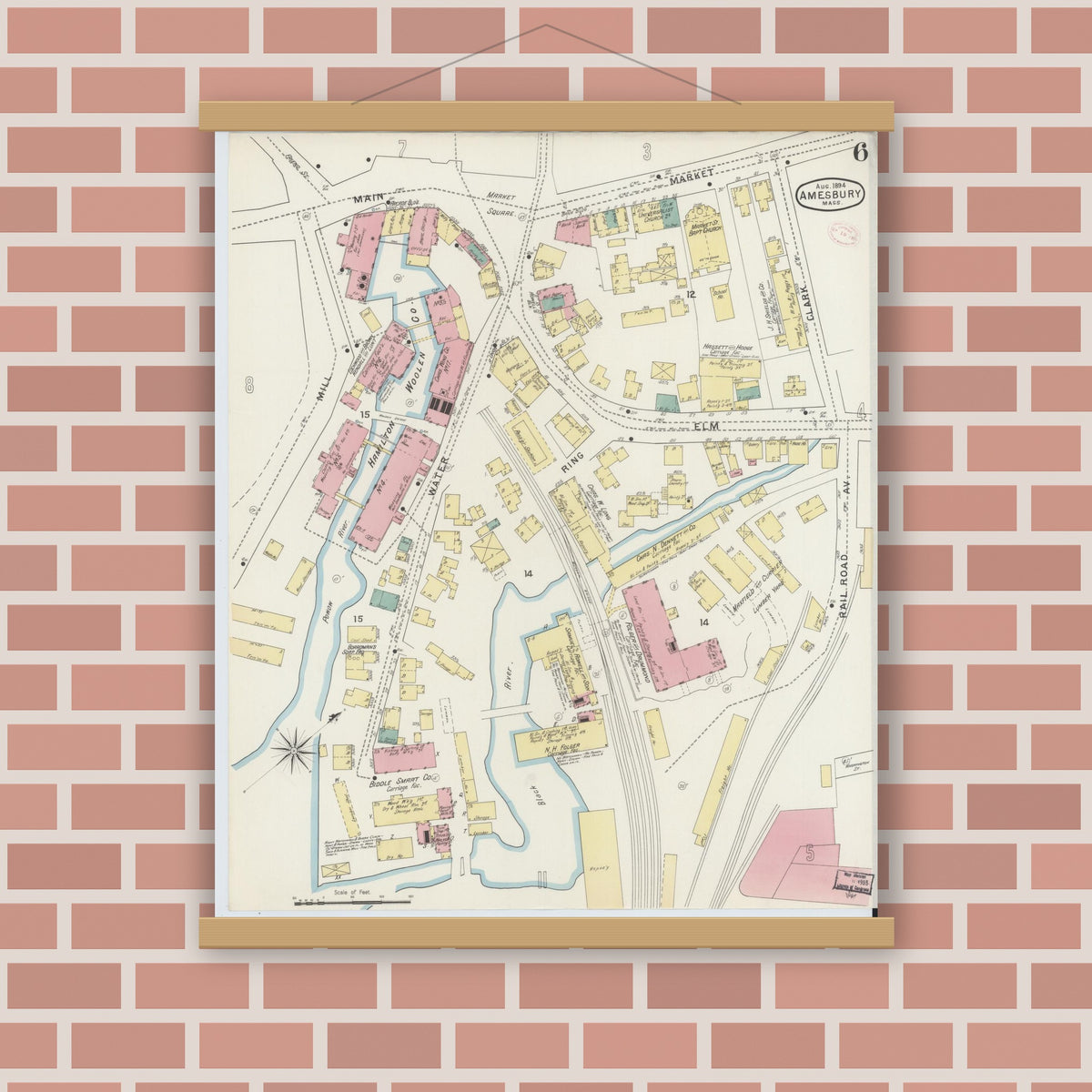 Old map wall art mockup — magnetic wood frame on brick wall — Sanborn Fire Insurance Map from Amesbury, Essex County, Massachusetts (1894), Sheet #0006