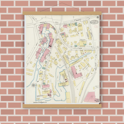 Old map wall art mockup — magnetic wood frame on brick wall — Sanborn Fire Insurance Map from Amesbury, Essex County, Massachusetts (1894), Sheet #0006