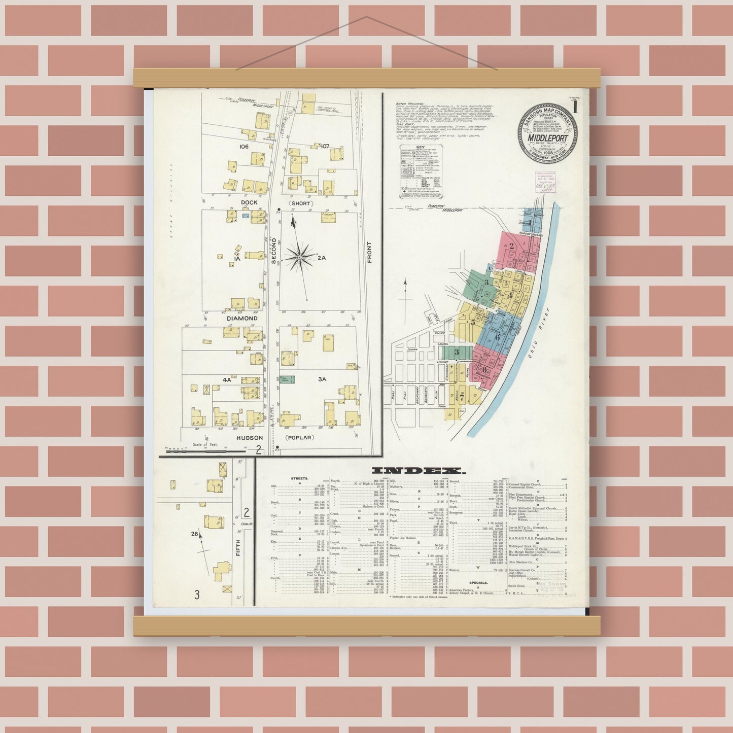 Old map wall art mockup — magnetic wood frame on brick wall — Sanborn Fire Insurance Map from Middleport, Meigs County, Ohio (1908) - Complete Map Set