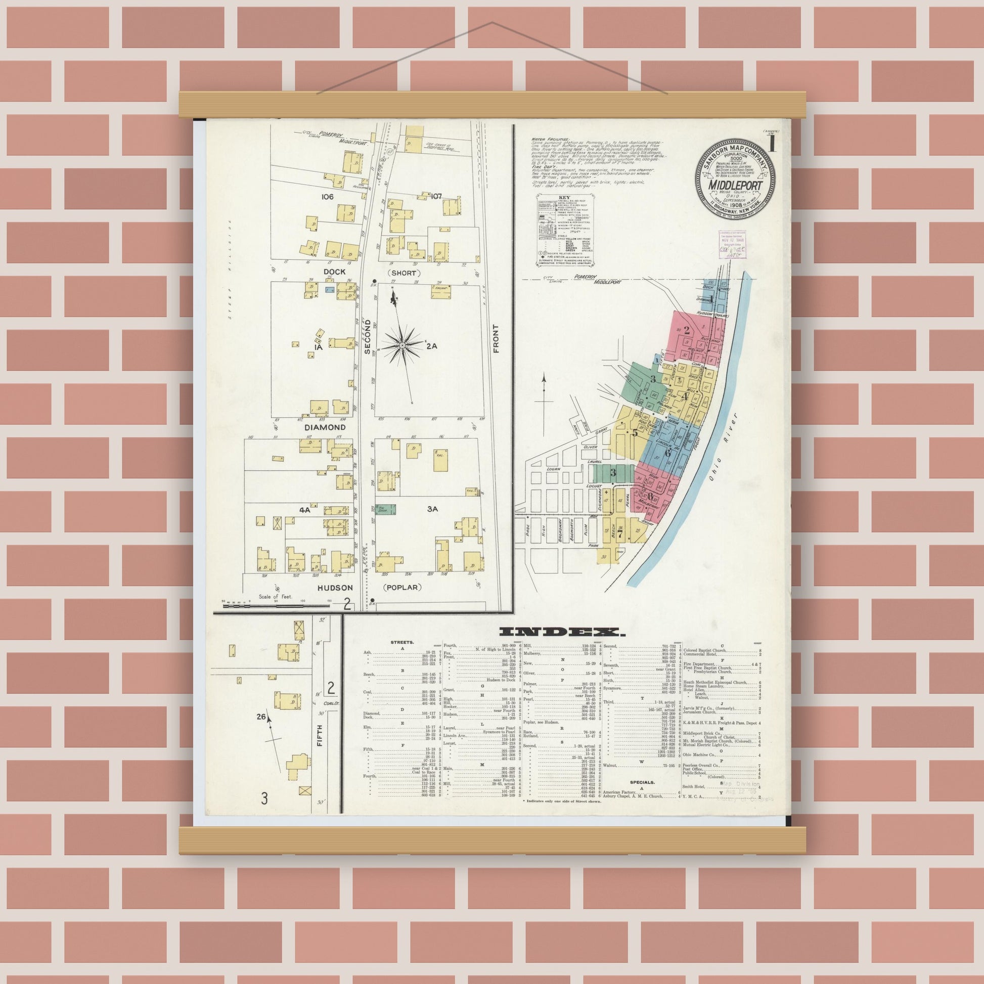 Old map wall art mockup — magnetic wood frame on brick wall — Sanborn Fire Insurance Map from Middleport, Meigs County, Ohio (1908) - Complete Map Set