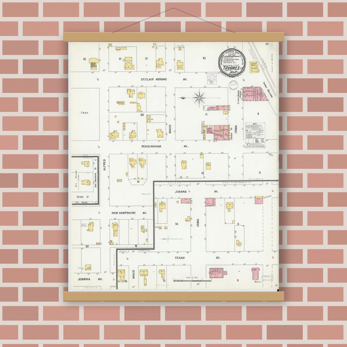 Old map wall art mockup — magnetic wood frame on brick wall — Sanborn Fire Insurance Map from Tavares, Lake County, Florida (1901), Sheet #0001