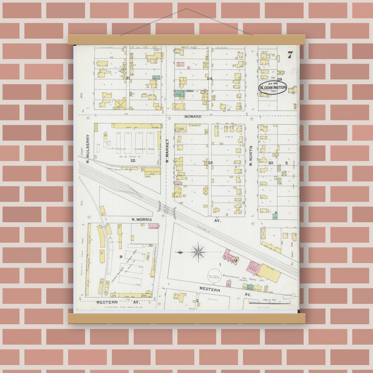 Old map wall art mockup — magnetic wood frame on brick wall — Sanborn Fire Insurance Map from Bloomington, McLean County, Illinois (1892), Sheet #0007