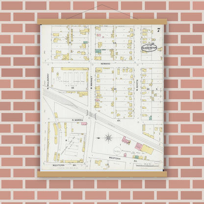 Old map wall art mockup — magnetic wood frame on brick wall — Sanborn Fire Insurance Map from Bloomington, McLean County, Illinois (1892), Sheet #0007