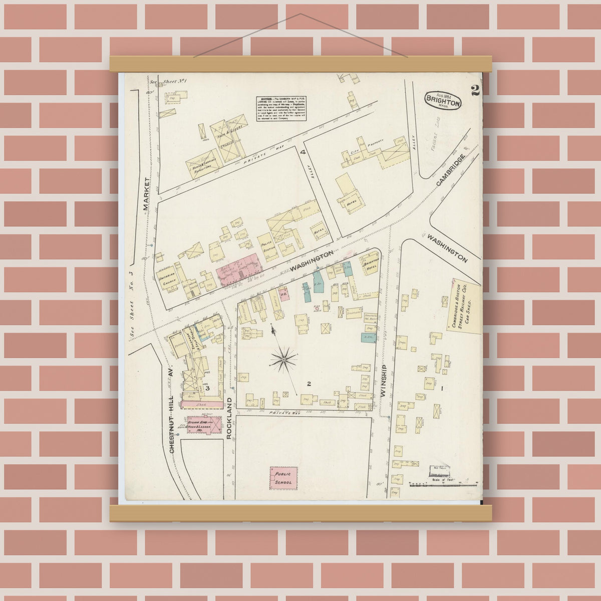 Old map wall art mockup — magnetic wood frame on brick wall — Sanborn Fire Insurance Map from Brighton, Suffolk County, Massachusetts (1884), Sheet #0002