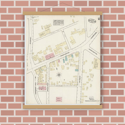 Old map wall art mockup — magnetic wood frame on brick wall — Sanborn Fire Insurance Map from Brighton, Suffolk County, Massachusetts (1884), Sheet #0002