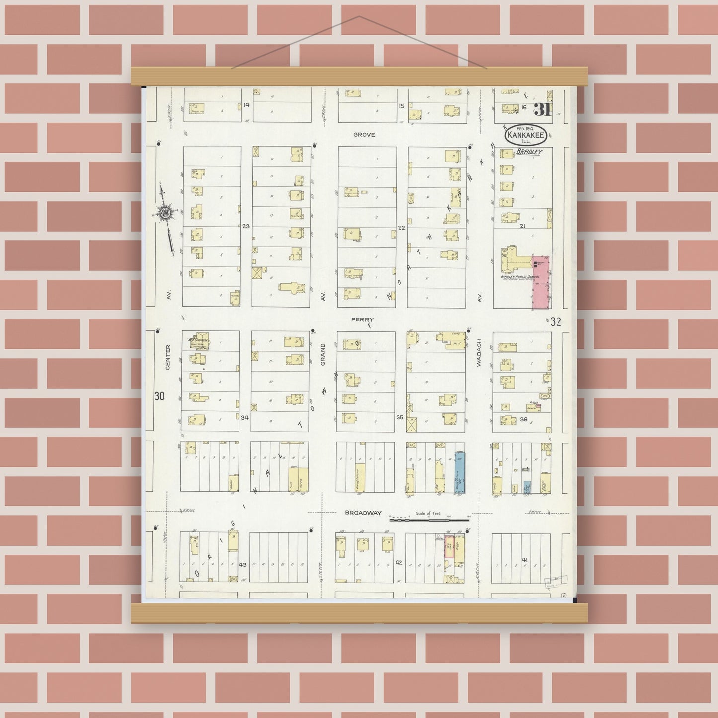 Old map wall art mockup — magnetic wood frame on brick wall — Sanborn Fire Insurance Map from Kankakee, Kankakee County, Illinois (1914), Sheet #0031