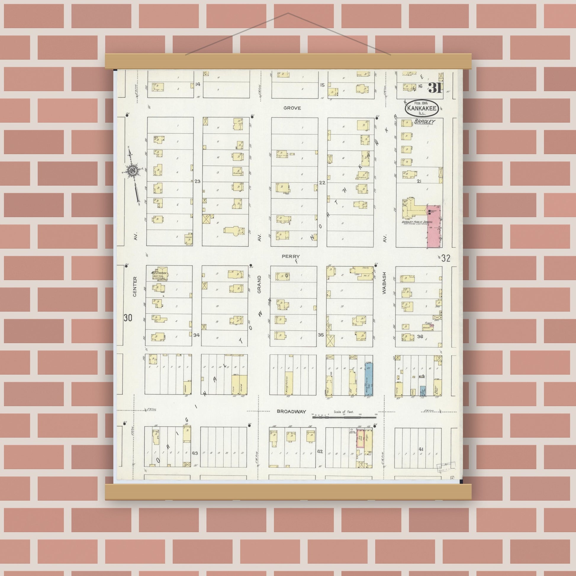 Old map wall art mockup — magnetic wood frame on brick wall — Sanborn Fire Insurance Map from Kankakee, Kankakee County, Illinois (1914), Sheet #0031