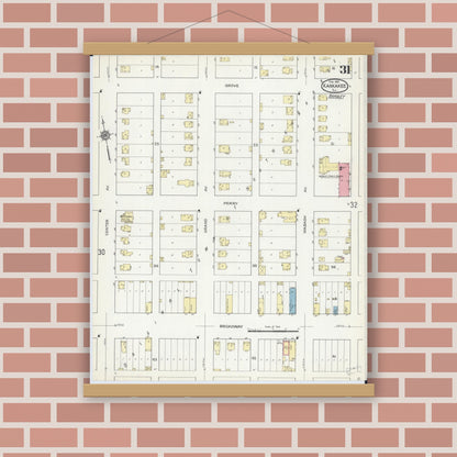 Old map wall art mockup — magnetic wood frame on brick wall — Sanborn Fire Insurance Map from Kankakee, Kankakee County, Illinois (1914), Sheet #0031