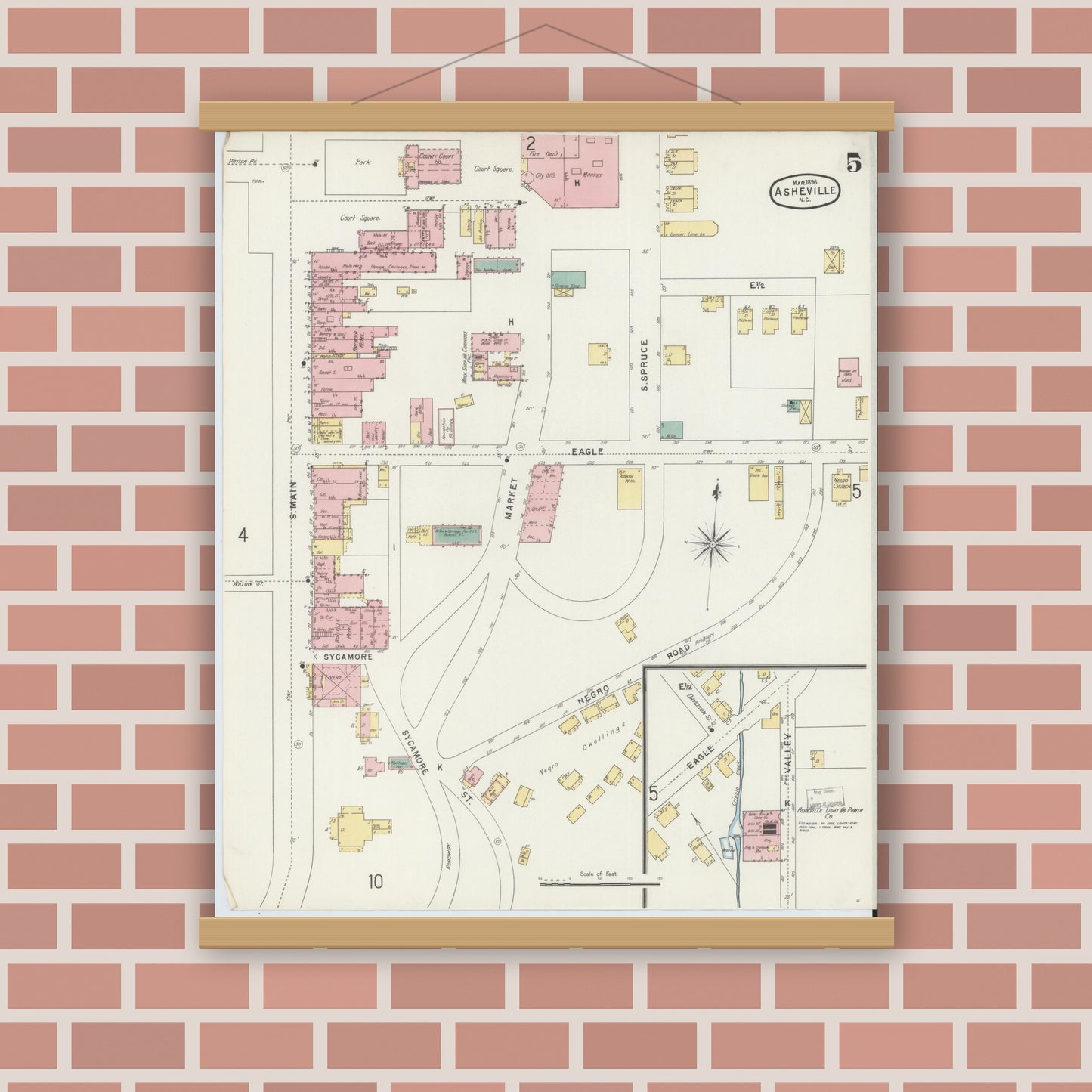 Old map wall art mockup — magnetic wood frame on brick wall — Sanborn Fire Insurance Map from Asheville, Buncombe County, North Carolina (1896), Sheet #0005