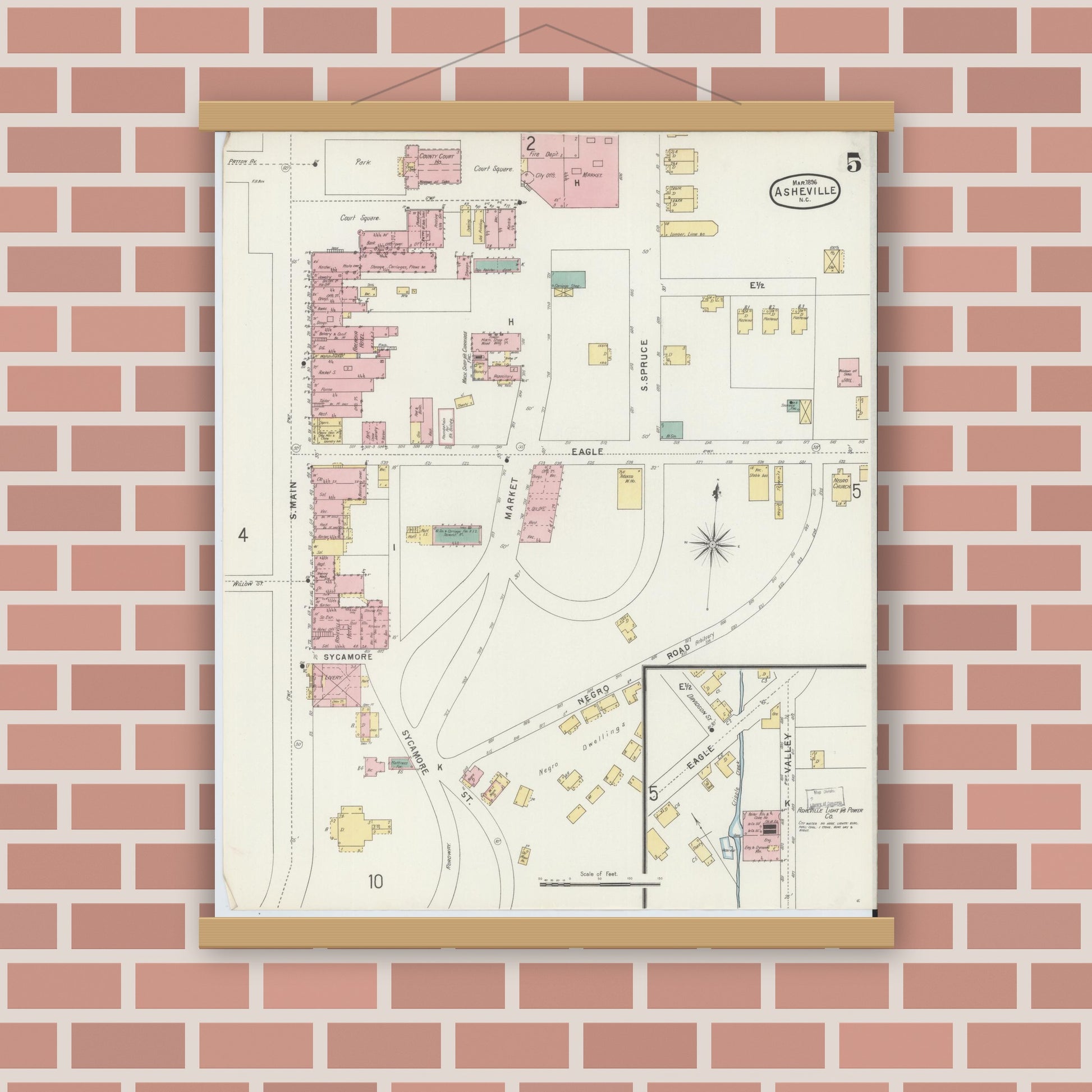 Old map wall art mockup — magnetic wood frame on brick wall — Sanborn Fire Insurance Map from Asheville, Buncombe County, North Carolina (1896), Sheet #0005