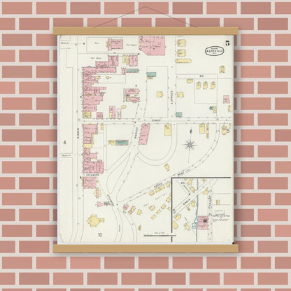 Old map wall art mockup — magnetic wood frame on brick wall — Sanborn Fire Insurance Map from Asheville, Buncombe County, North Carolina (1896), Sheet #0005