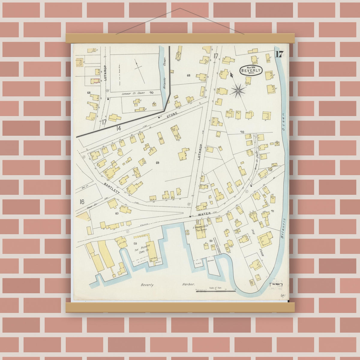 Old map wall art mockup — magnetic wood frame on brick wall — Sanborn Fire Insurance Map from Beverly, Essex County, Massachusetts (1896), Sheet #0017