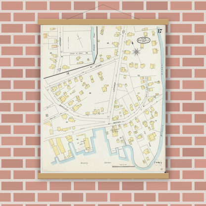 Old map wall art mockup — magnetic wood frame on brick wall — Sanborn Fire Insurance Map from Beverly, Essex County, Massachusetts (1896), Sheet #0017
