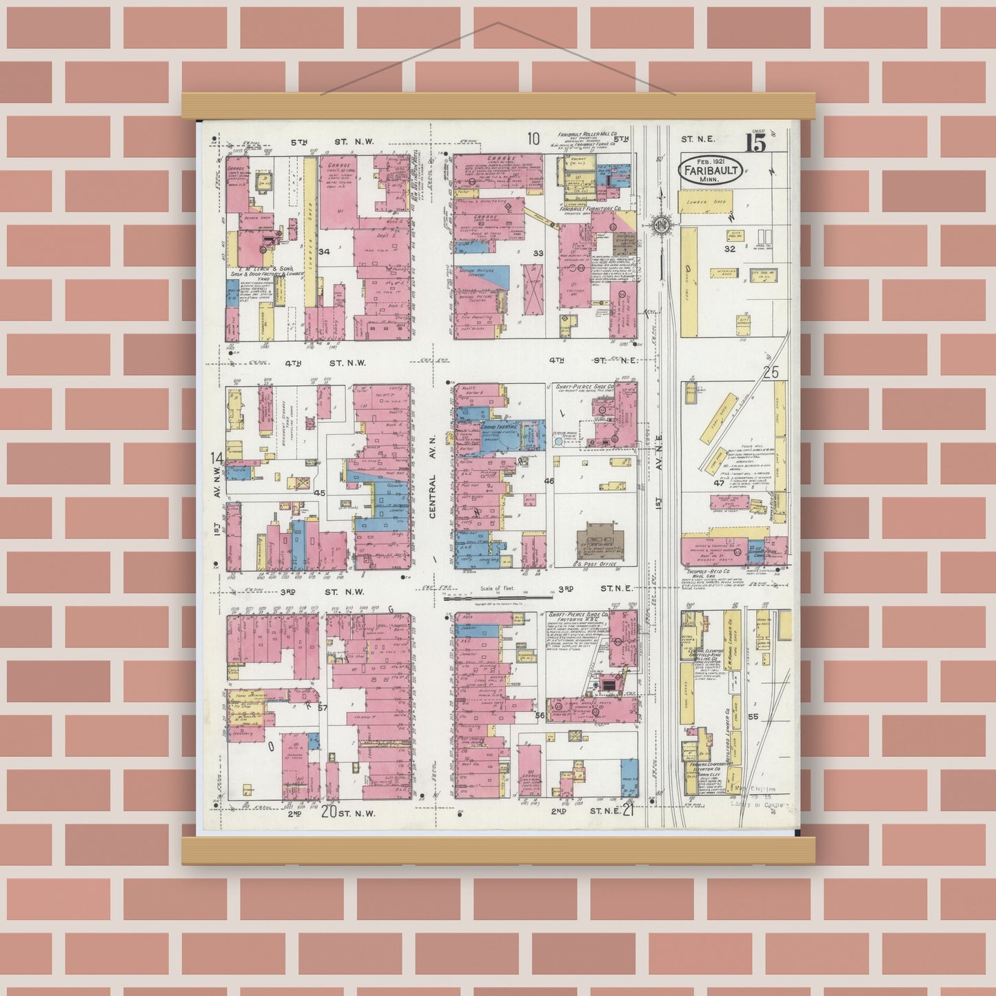 Old map wall art mockup — magnetic wood frame on brick wall — Sanborn Fire Insurance Map from Faribault, Rice County, Minnesota (1921), Sheet #0015