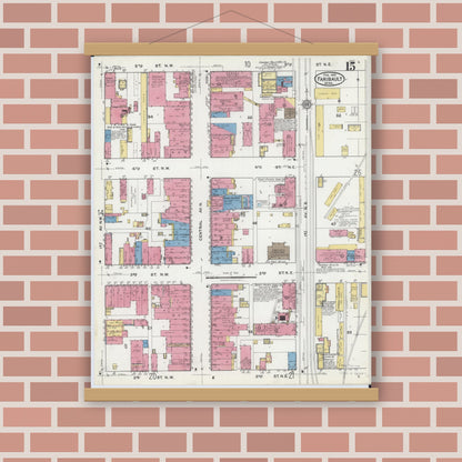 Old map wall art mockup — magnetic wood frame on brick wall — Sanborn Fire Insurance Map from Faribault, Rice County, Minnesota (1921), Sheet #0015
