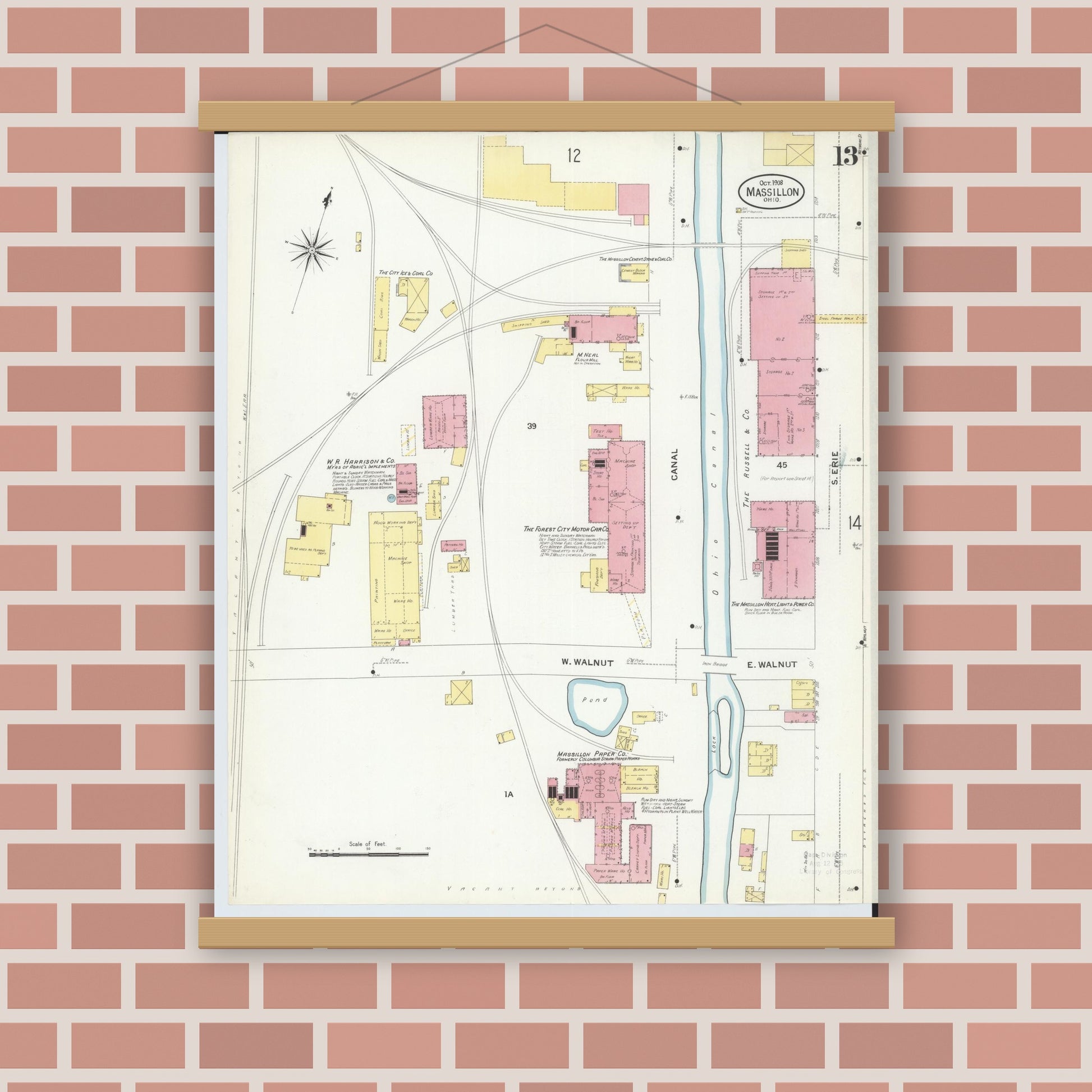 Old map wall art mockup — magnetic wood frame on brick wall — Sanborn Fire Insurance Map from Massillon, Stark County, Ohio (1908), Sheet #0013