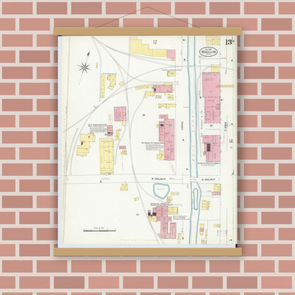 Old map wall art mockup — magnetic wood frame on brick wall — Sanborn Fire Insurance Map from Massillon, Stark County, Ohio (1908), Sheet #0013