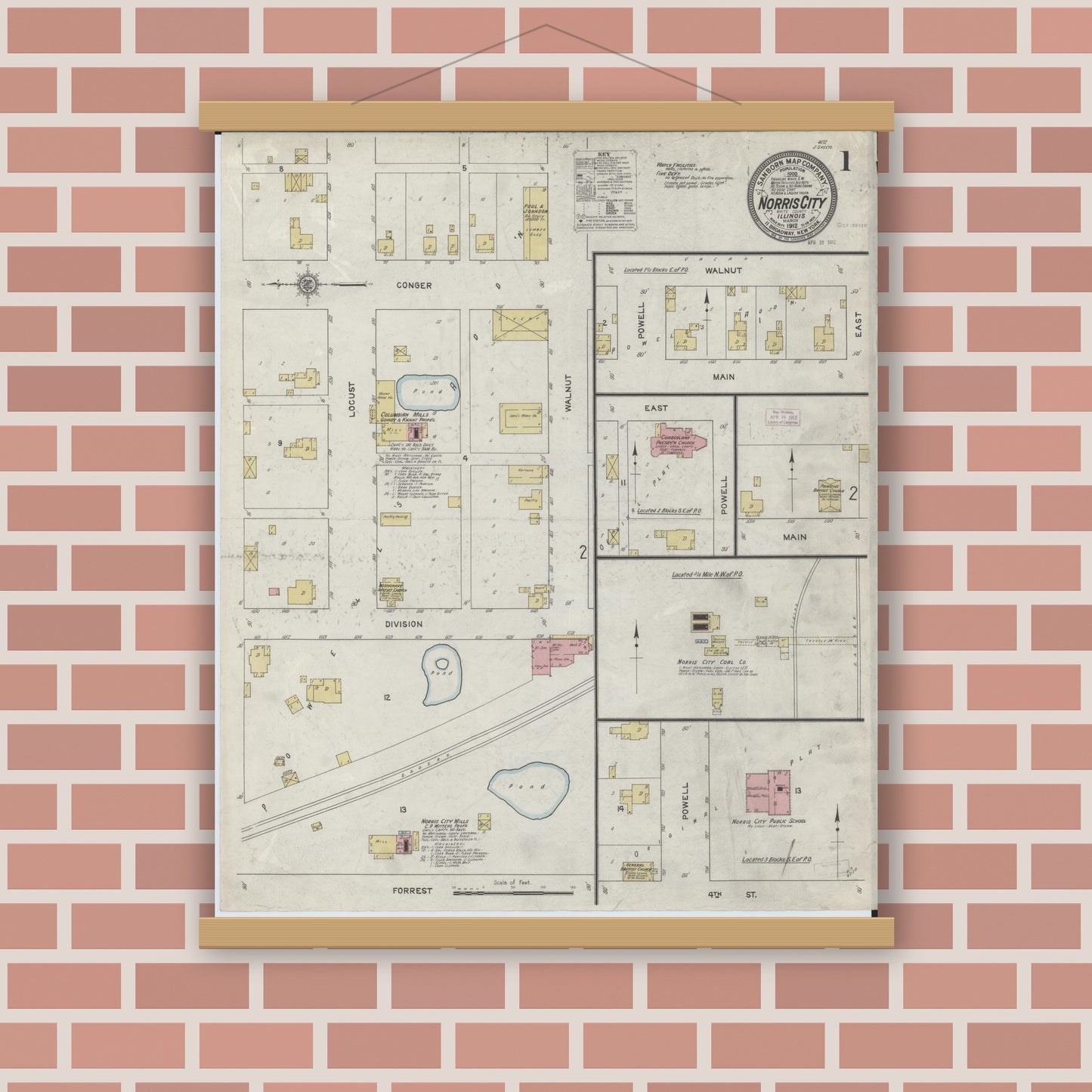 Old map wall art mockup — magnetic wood frame on brick wall — Sanborn Fire Insurance Map from Norris City, White County, Illinois (1912), Sheet #0001