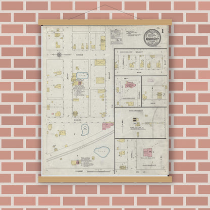 Old map wall art mockup — magnetic wood frame on brick wall — Sanborn Fire Insurance Map from Norris City, White County, Illinois (1912), Sheet #0001
