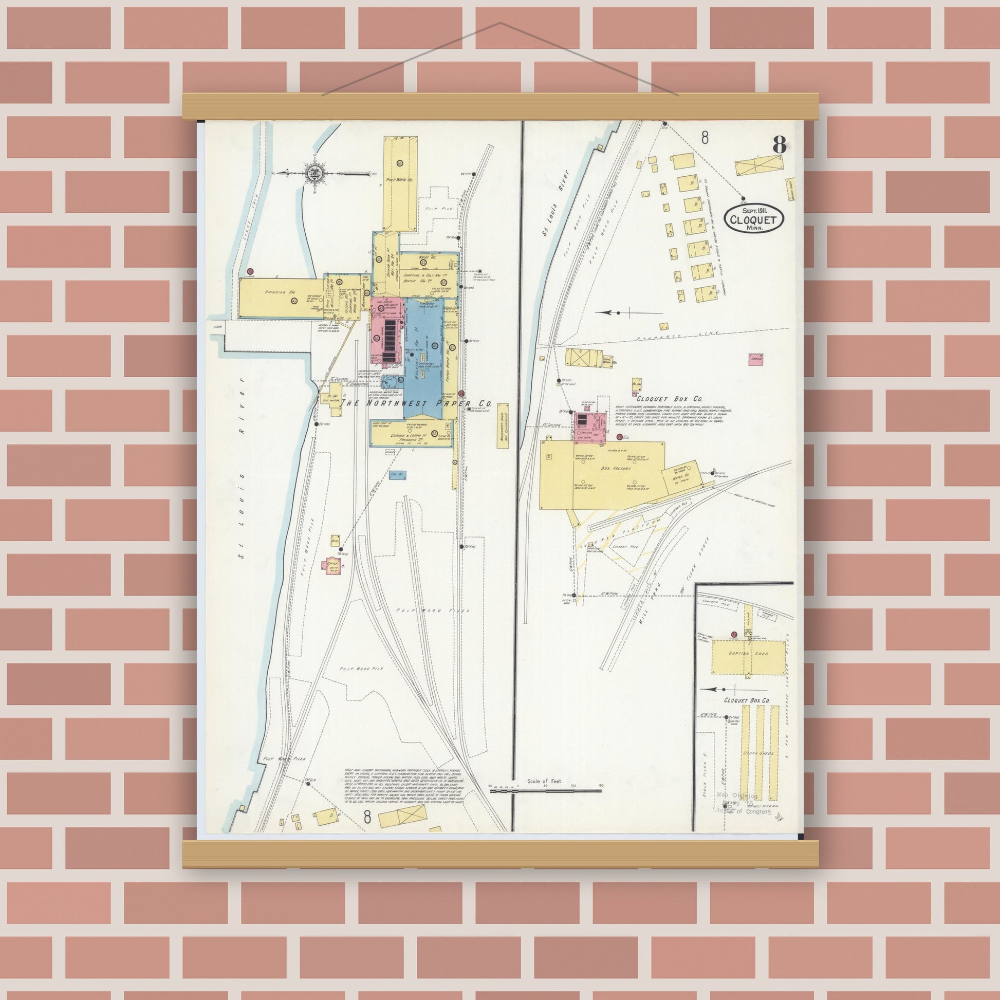 Old map wall art mockup — magnetic wood frame on brick wall — Sanborn Fire Insurance Map from Cloquet, Carlton County, Minnesota (1911), Sheet #0008
