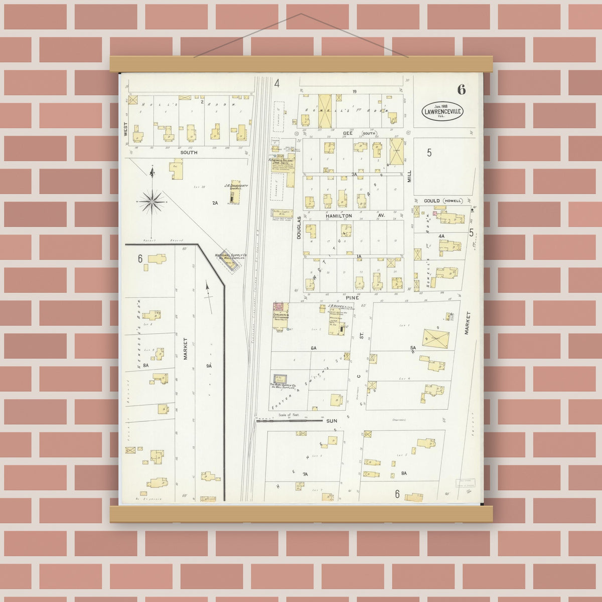 Old map wall art mockup — magnetic wood frame on brick wall — Sanborn Fire Insurance Map from Lawrenceville, Lawrence County, Illinois (1908), Sheet #0006