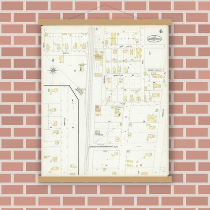 Old map wall art mockup — magnetic wood frame on brick wall — Sanborn Fire Insurance Map from Lawrenceville, Lawrence County, Illinois (1908), Sheet #0006
