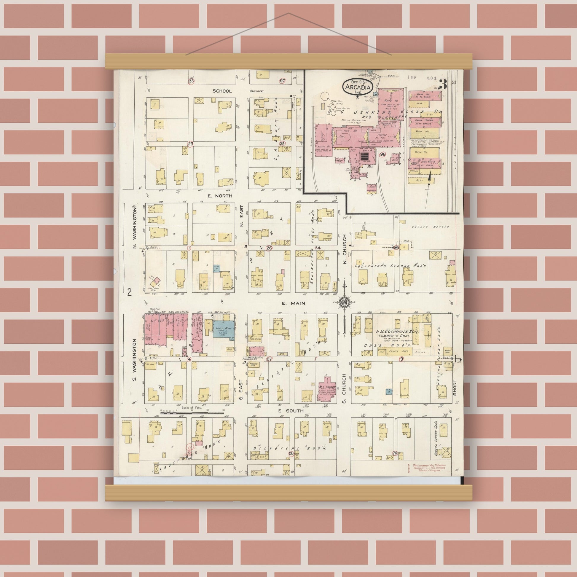 Old map wall art mockup — magnetic wood frame on brick wall — Sanborn Fire Insurance Map from Arcadia, Hamilton County, Indiana (1933), Sheet #0003