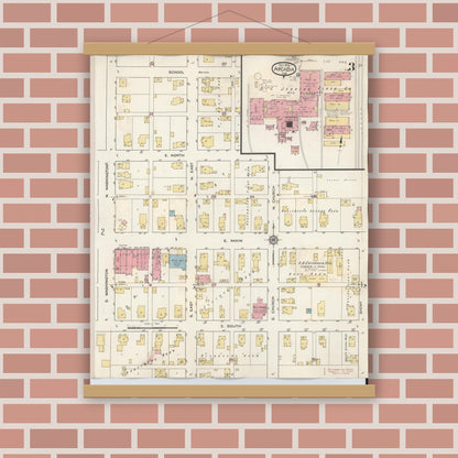 Old map wall art mockup — magnetic wood frame on brick wall — Sanborn Fire Insurance Map from Arcadia, Hamilton County, Indiana (1933), Sheet #0003