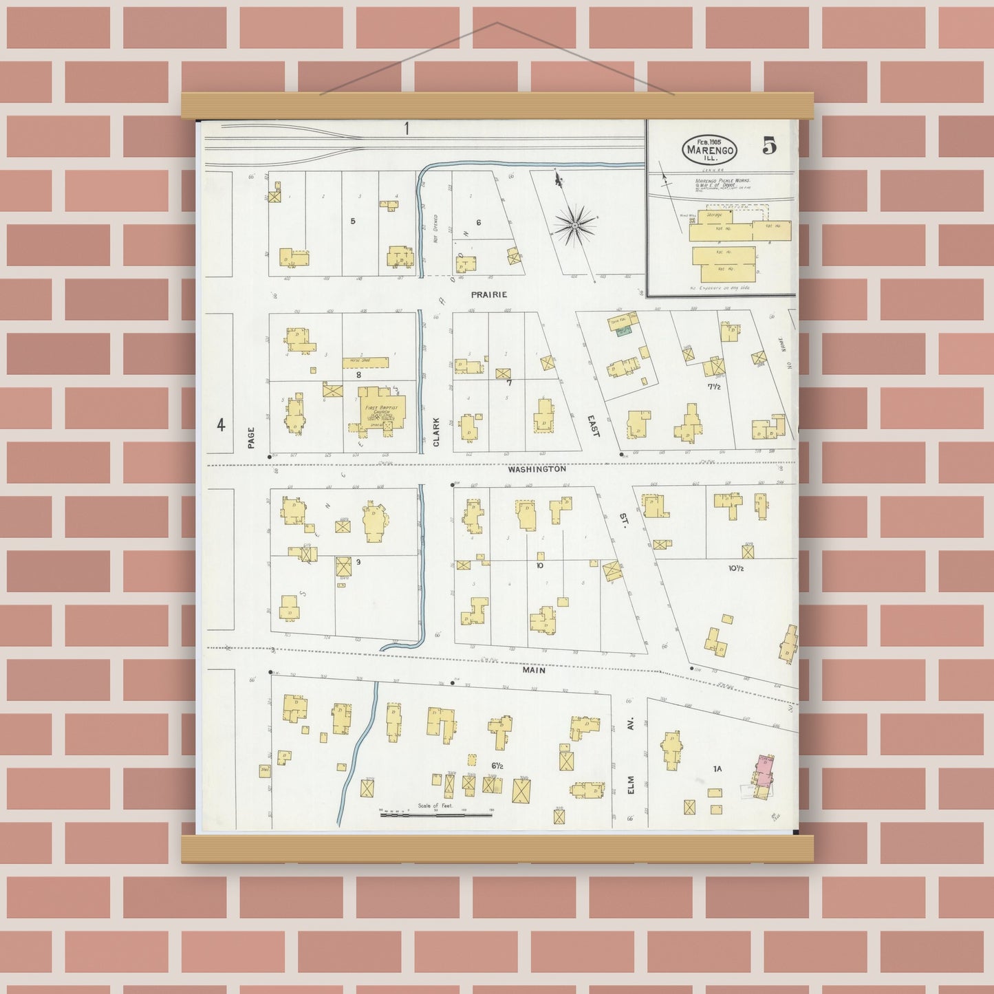 Old map wall art mockup — magnetic wood frame on brick wall — Sanborn Fire Insurance Map from Marengo, McHenry County, Illinois (1905), Sheet #0005