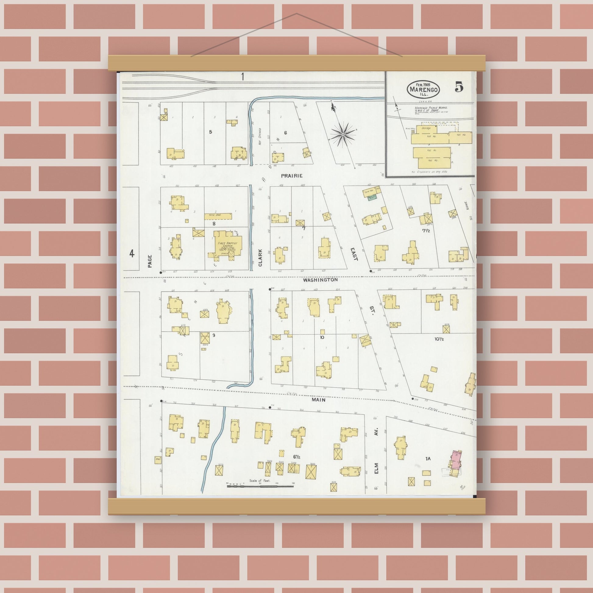 Old map wall art mockup — magnetic wood frame on brick wall — Sanborn Fire Insurance Map from Marengo, McHenry County, Illinois (1905), Sheet #0005