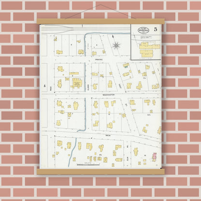 Old map wall art mockup — magnetic wood frame on brick wall — Sanborn Fire Insurance Map from Marengo, McHenry County, Illinois (1905), Sheet #0005