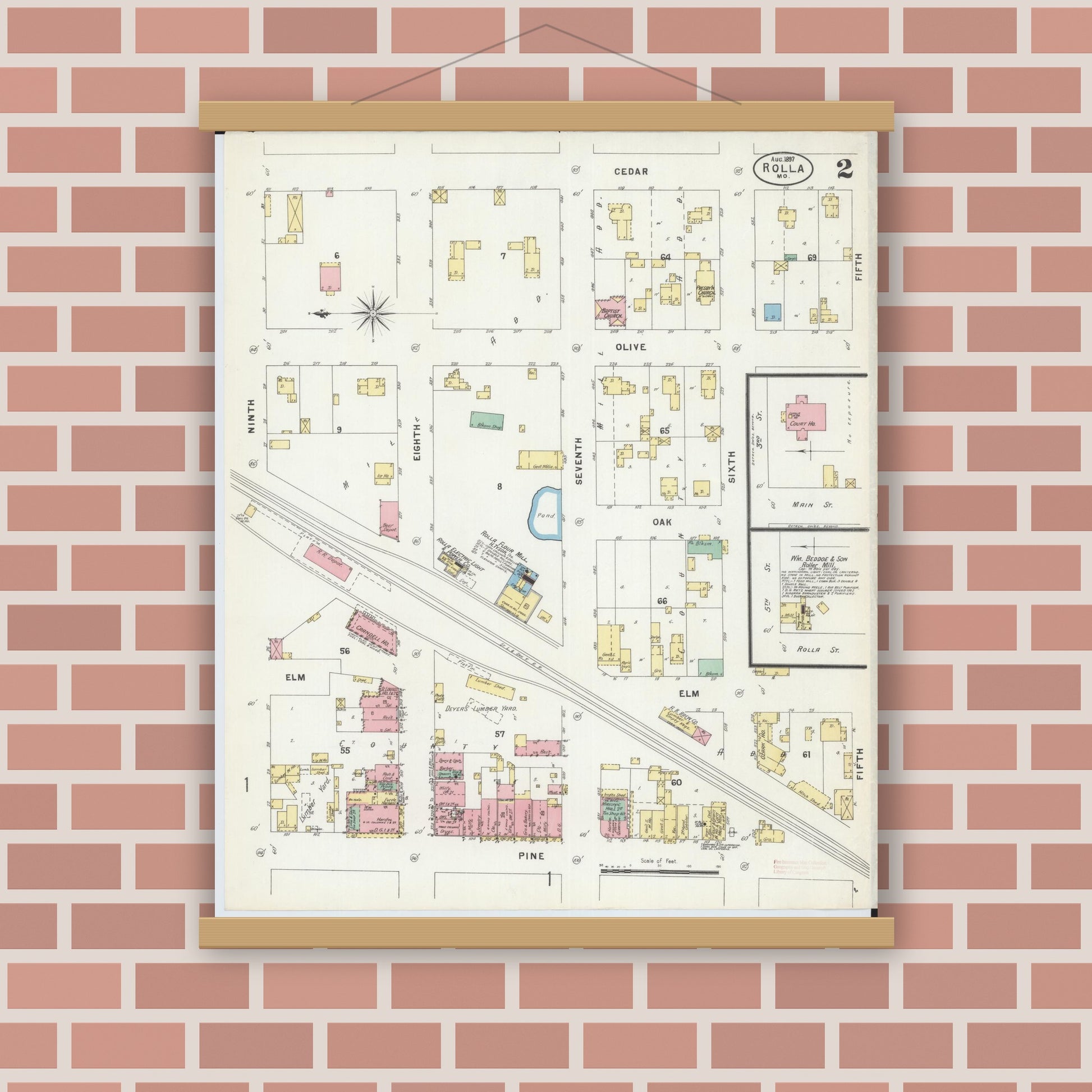 Old map wall art mockup — magnetic wood frame on brick wall — Sanborn Fire Insurance Map from Rolla, Phelps County, Missouri (1897), Sheet #0002
