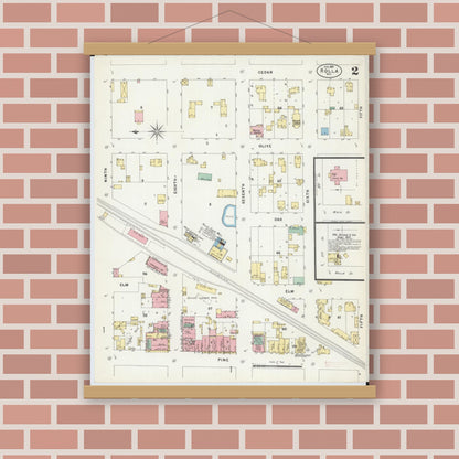 Old map wall art mockup — magnetic wood frame on brick wall — Sanborn Fire Insurance Map from Rolla, Phelps County, Missouri (1897), Sheet #0002