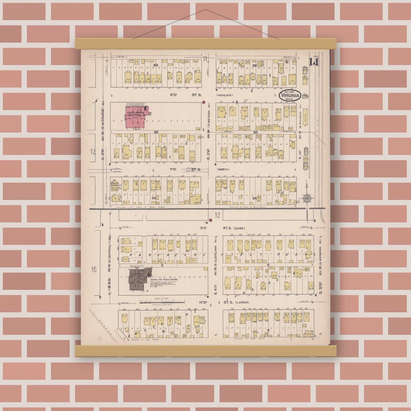 Old map wall art mockup — magnetic wood frame on brick wall — Sanborn Fire Insurance Map from Virginia, Saint Louis County, Minnesota (1921), Sheet #0014