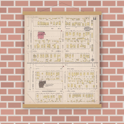Old map wall art mockup — magnetic wood frame on brick wall — Sanborn Fire Insurance Map from Virginia, Saint Louis County, Minnesota (1921), Sheet #0014