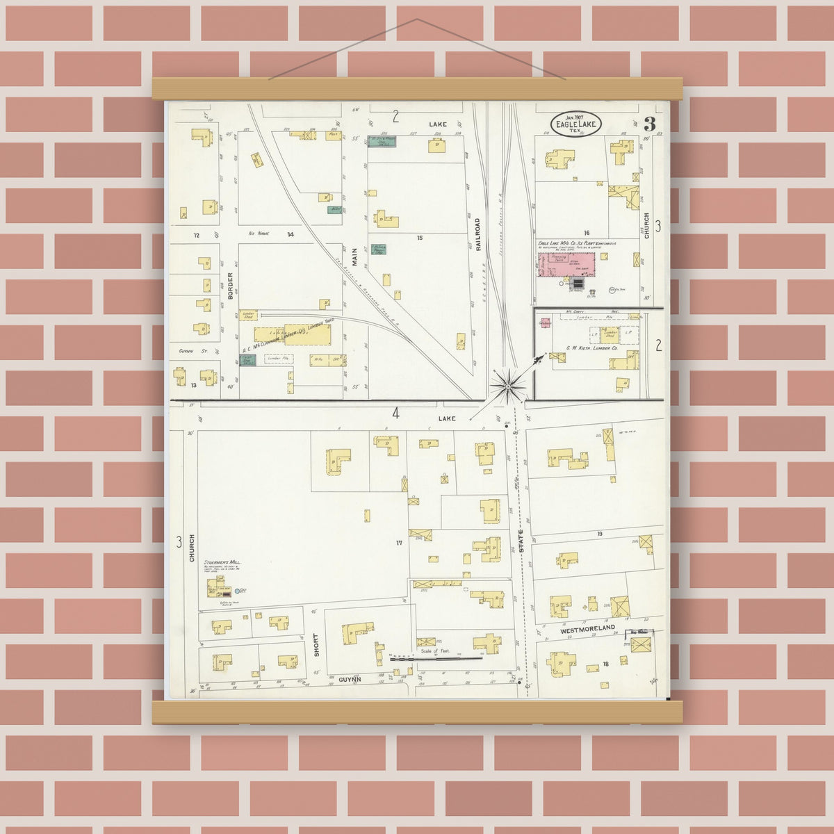 Old map wall art mockup — magnetic wood frame on brick wall — Sanborn Fire Insurance Map from Eagle Lake, Colorado County, Texas (1907), Sheet #0003