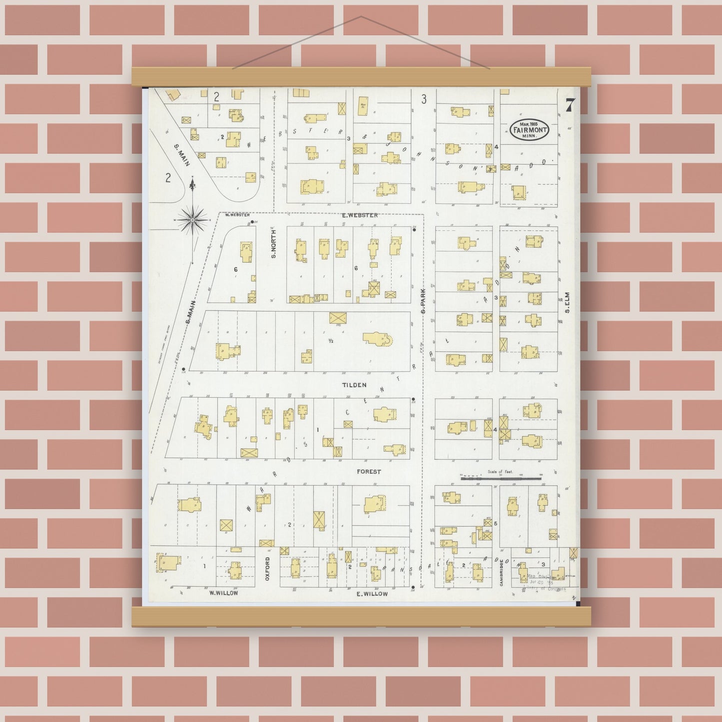 Old map wall art mockup — magnetic wood frame on brick wall — Sanborn Fire Insurance Map from Fairmont, Martin County, Minnesota (1905), Sheet #0007