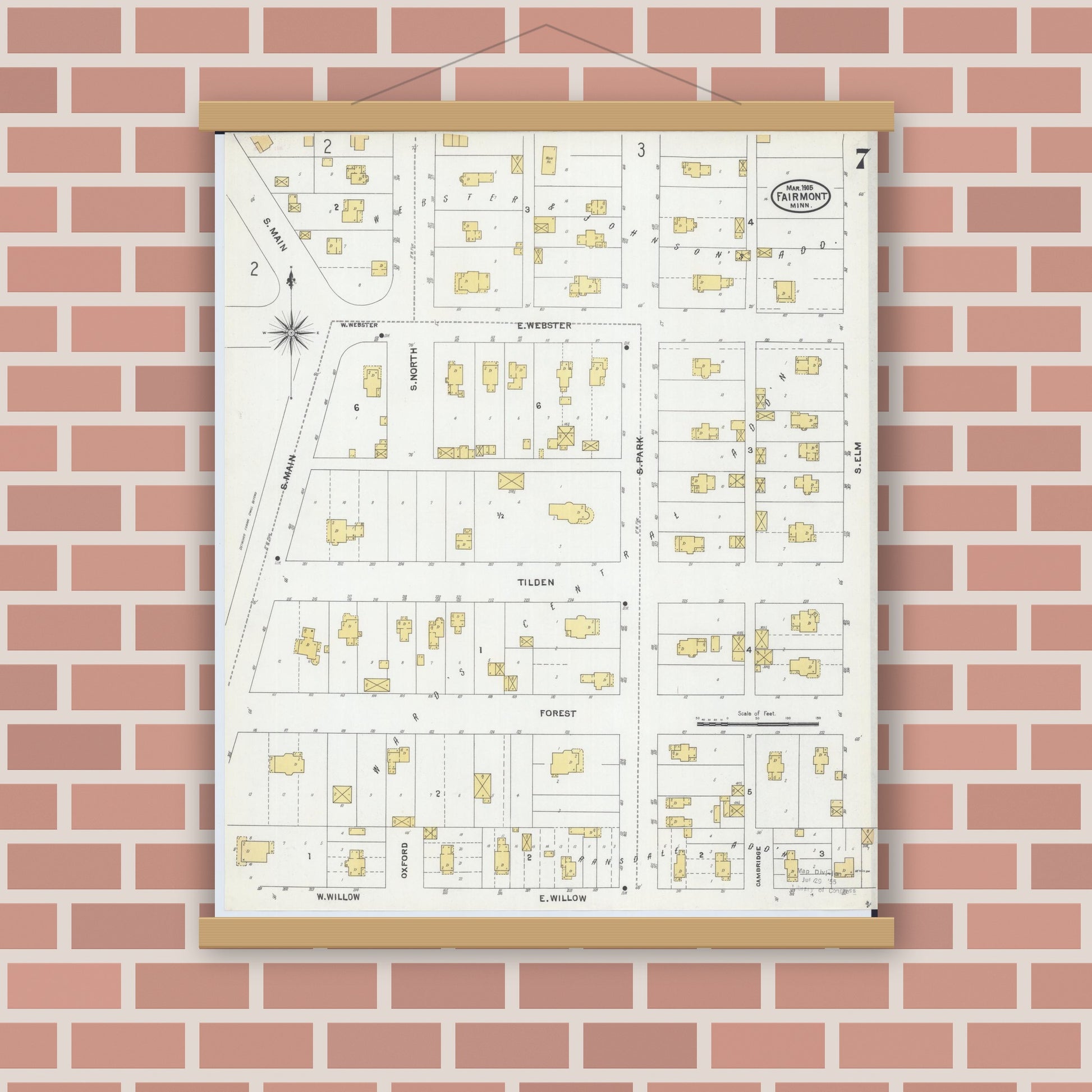 Old map wall art mockup — magnetic wood frame on brick wall — Sanborn Fire Insurance Map from Fairmont, Martin County, Minnesota (1905), Sheet #0007