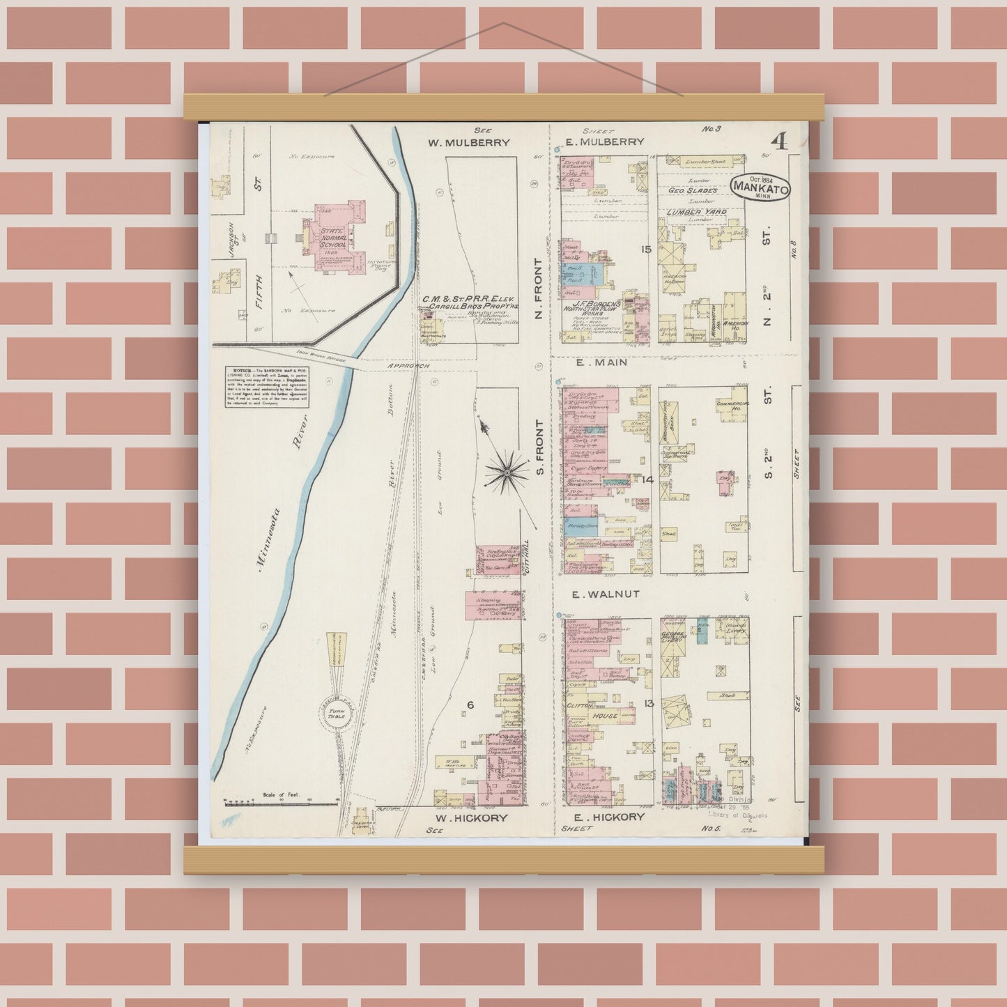 Old map wall art mockup — magnetic wood frame on brick wall — Sanborn Fire Insurance Map from Mankato, Blue Earth County, Minnesota (1884), Sheet #0004
