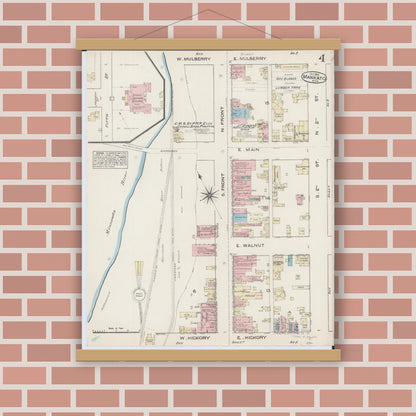 Old map wall art mockup — magnetic wood frame on brick wall — Sanborn Fire Insurance Map from Mankato, Blue Earth County, Minnesota (1884), Sheet #0004