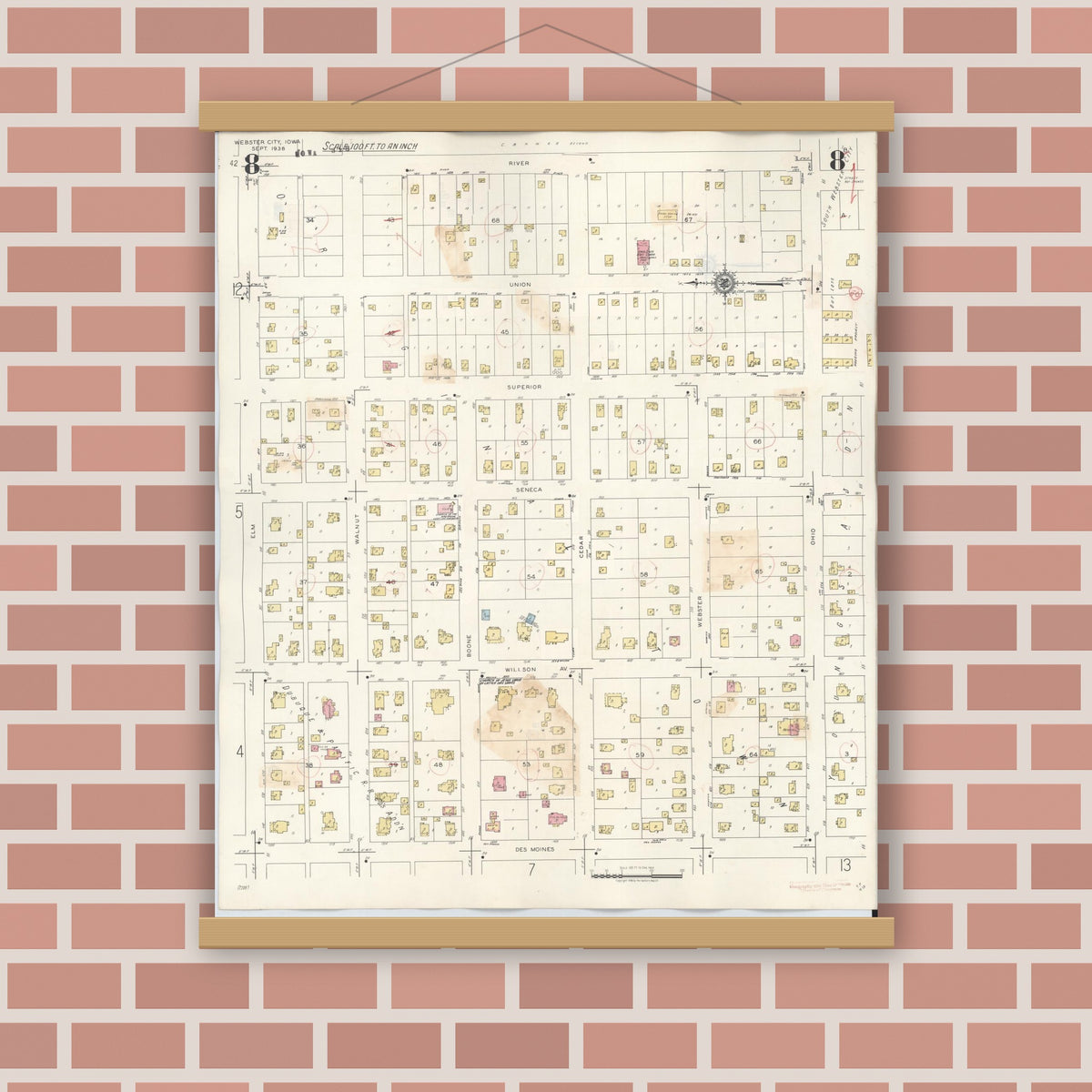Old map wall art mockup — magnetic wood frame on brick wall — Sanborn Fire Insurance Map from Webster City, Hamilton County, Iowa (1950), Sheet #0008
